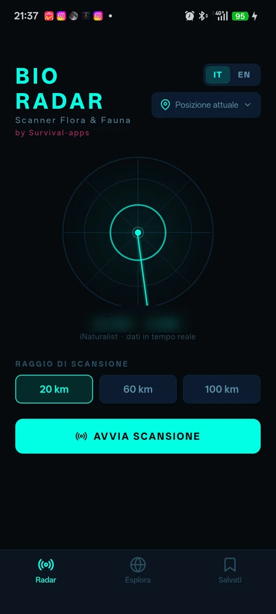 Schermata principale di BioRadar: intestazione BIO RADAR con selettore lingua IT/EN, indicatore Posizione attuale, un radar circolare cyan con indicatore centrale e raggio di scansione, selettore del raggio 20/60/100 km e pulsante AVVIA SCANSIONE
