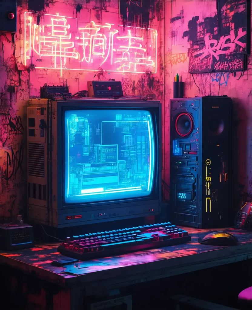 computer retrò anni ottanta con estetica cyberpunk, LED colorati e ambientazione notturna stile Night City