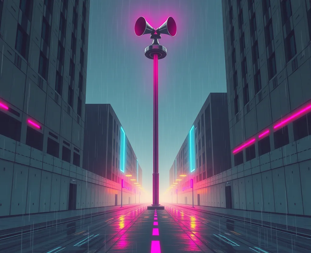 cyberpunk comic-style illustration: a pole with horn loudspeakers over an empty rainy street between dark towers, magenta and cyan light strips on the walls