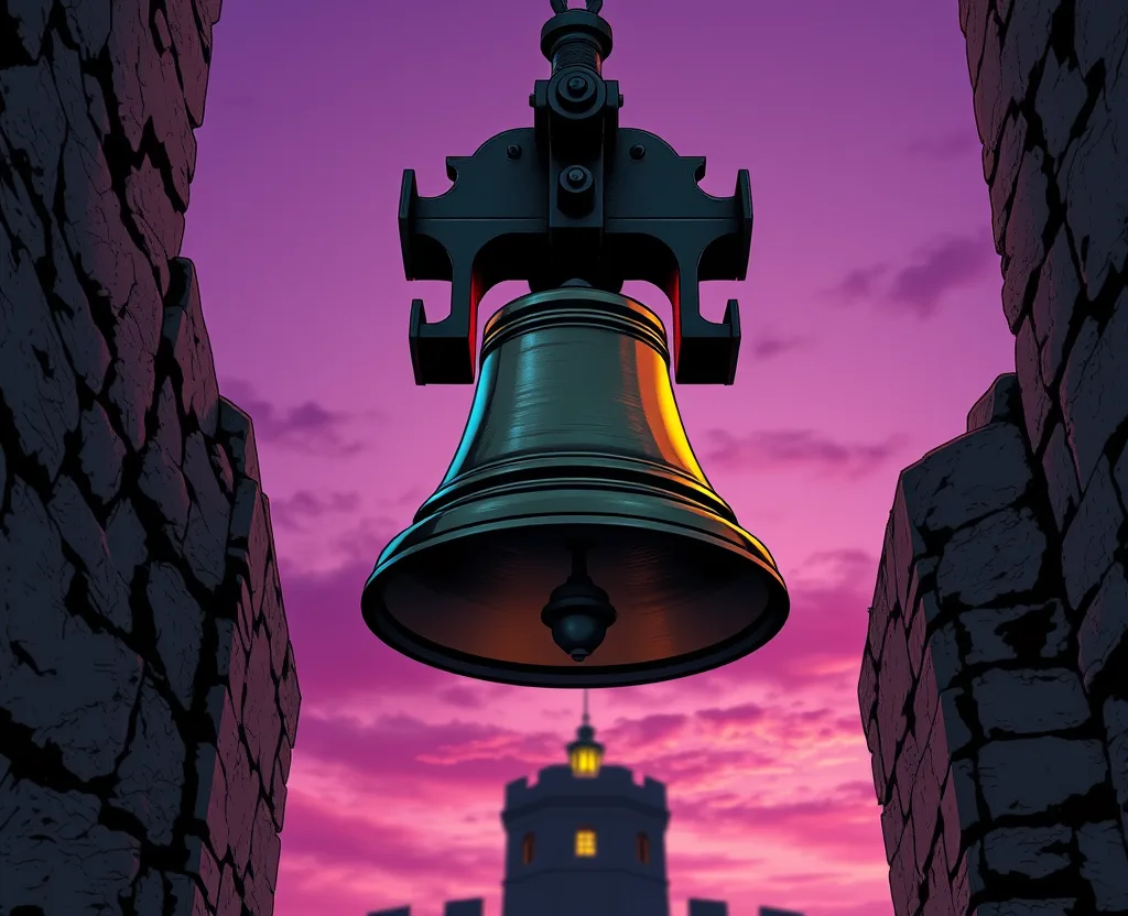 cyberpunk comic-style illustration: a bronze bell hanging in a stone tower at dusk, purple sky and a yellow street lamp lit in the distance