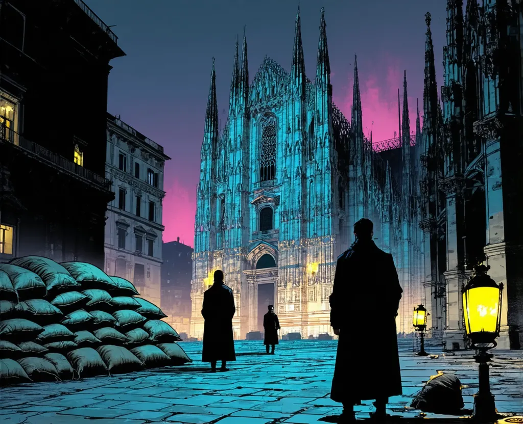 cyberpunk comic-style illustration: the facade of Milan Cathedral at night in a blacked-out square, with piles of sandbags on the left, three silhouetted figures in long coats and glowing yellow street lamps, a purple sky and cyan light on the marble