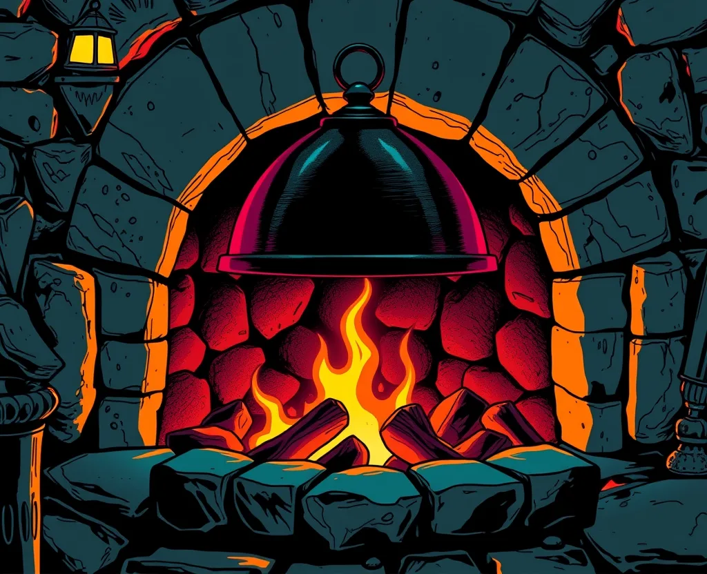 cyberpunk comic-style illustration: a stone hearth with glowing embers and a domed metal cover hanging above the flames