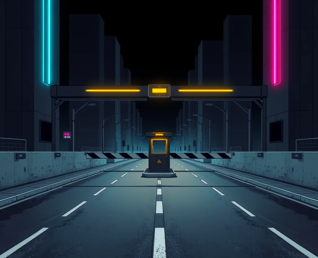 cyberpunk comic-style illustration: an empty checkpoint on a night street, with two lanes divided by a concrete barrier, a guard booth with a yellow light and striped barrier arms