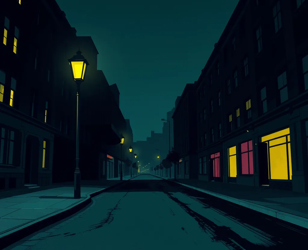 cyberpunk comic-style illustration: an empty city street at night, with yellow street lamps, windows lit yellow and magenta and dark buildings on both sides
