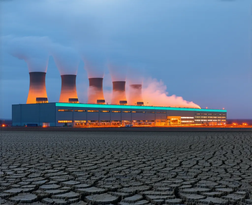 grande data center al crepuscolo con torri di raffreddamento che emettono vapore, tetto illuminato da una linea ciano, in primo piano terra screpolata dalla siccità