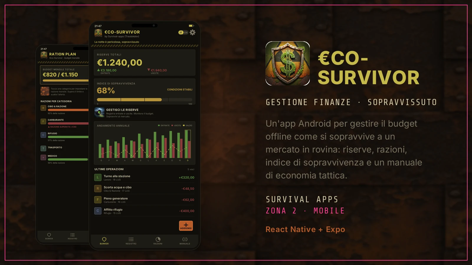 Due telefoni con l'app €co-Survivor accanto all'emblema a scudo con il simbolo del dollaro: a schermo la dashboard Bunker con le riserve totali e il grafico annuale, e il piano razioni; a lato titolo €CO-SURVIVOR e la scritta React Native + Expo