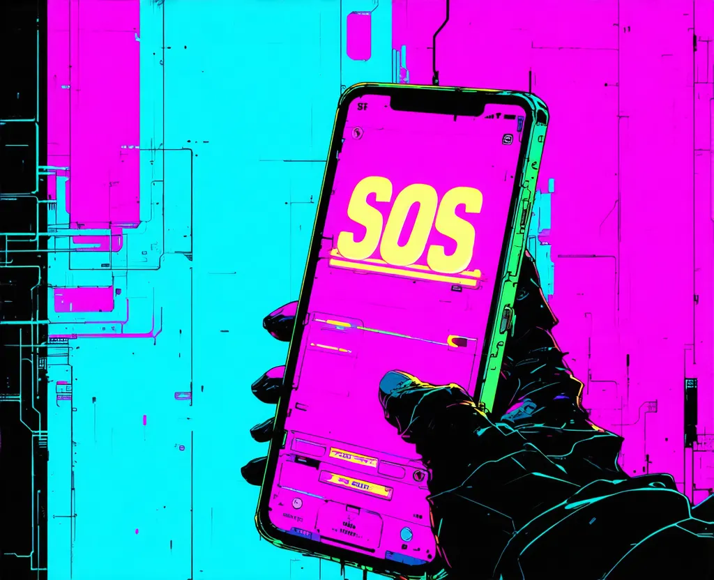 illustrazione cyberpunk in stile fumetto: una mano tiene uno smartphone inclinato con la scritta SOS gialla lampeggiante sullo schermo, sfondo magenta e ciano di una città al neon
