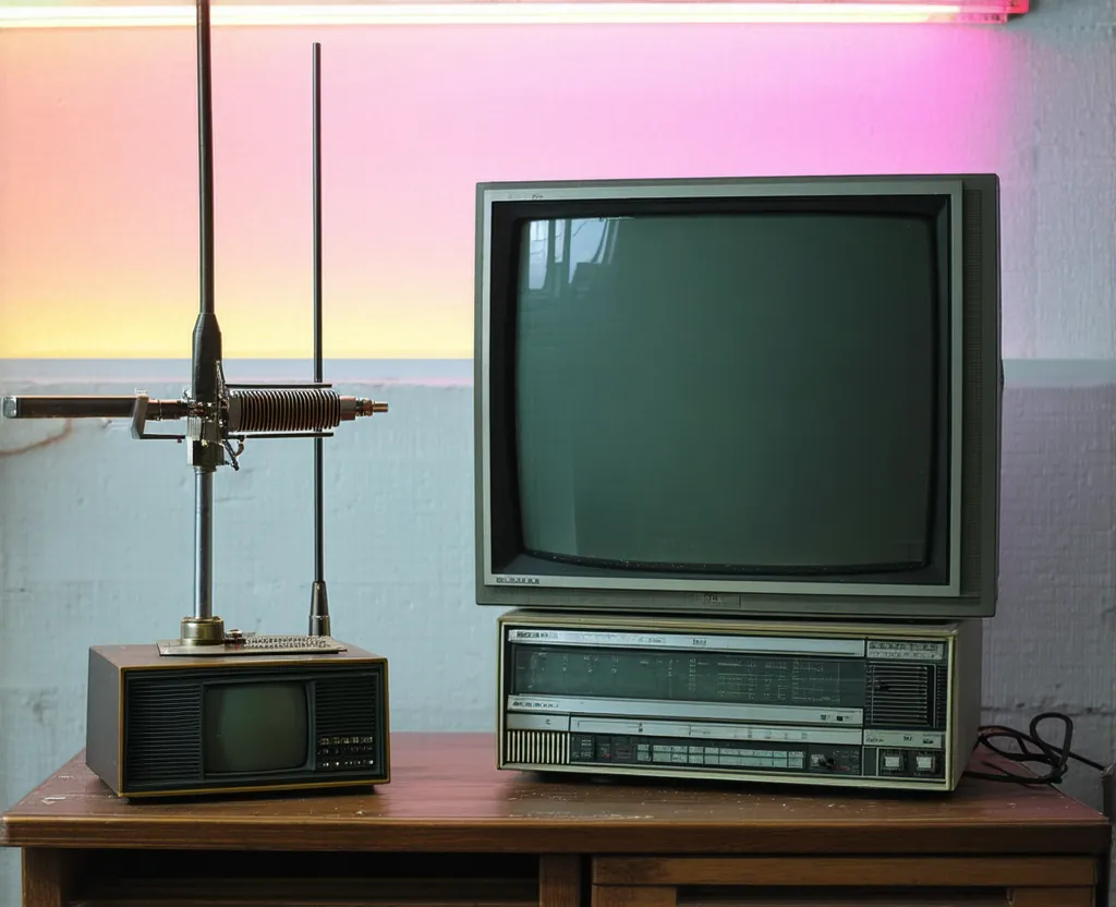 antenna vintage in ottone su un banco da officina, accanto a un vecchio televisore CRT e a un ricevitore radio, illuminati da luce al neon ciano e magenta