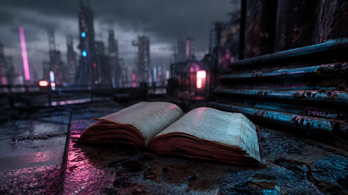 un libro aperto, sfondo cyberpunk city