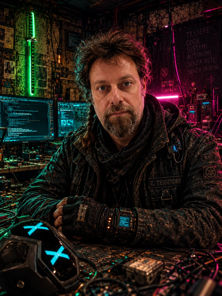 il tessitore nel suo laboratorio cyberpunk