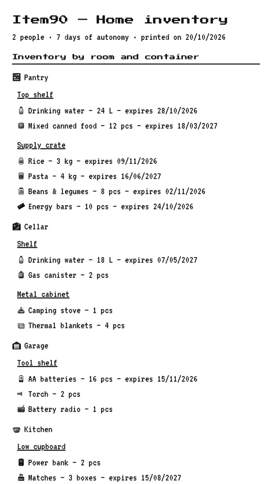 Item90 print preview: home inventory by room and container, with the quantity and expiry date of each supply