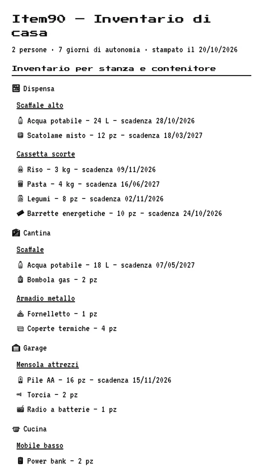 Anteprima di stampa di Item90: inventario di casa per stanza e contenitore, con quantit&agrave; e date di scadenza di ogni scorta