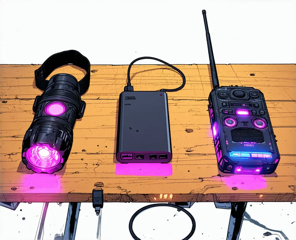 illustrazione cyberpunk in stile fumetto: su un tavolo di legno una lampada frontale con fascia elastica da testa e luce magenta, un power bank scuro con cavo e una radio portatile con antenna e altoparlanti luminosi