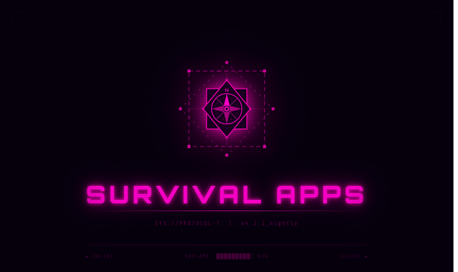 Insegna di Survival Apps: rosa dei venti al neon magenta in un rombo, scritta SURVIVAL APPS, SYS://PROTOCOL-7
