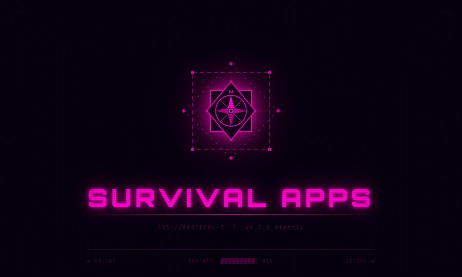 Insegna di Survival Apps: rosa dei venti al neon magenta in un rombo, scritta SURVIVAL APPS, SYS://PROTOCOL-7