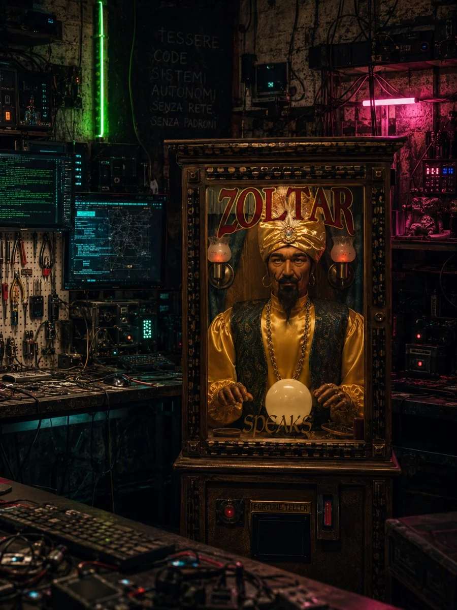 La macchina Zoltar: una teca di legno illuminata con dentro un oracolo dal turbante dorato e una sfera di cristallo luminosa, la scritta 'ZOLTAR SPEAKS', collocata in un'officina cyberpunk piena di monitor con codice, cavi e luci al neon verde e magenta